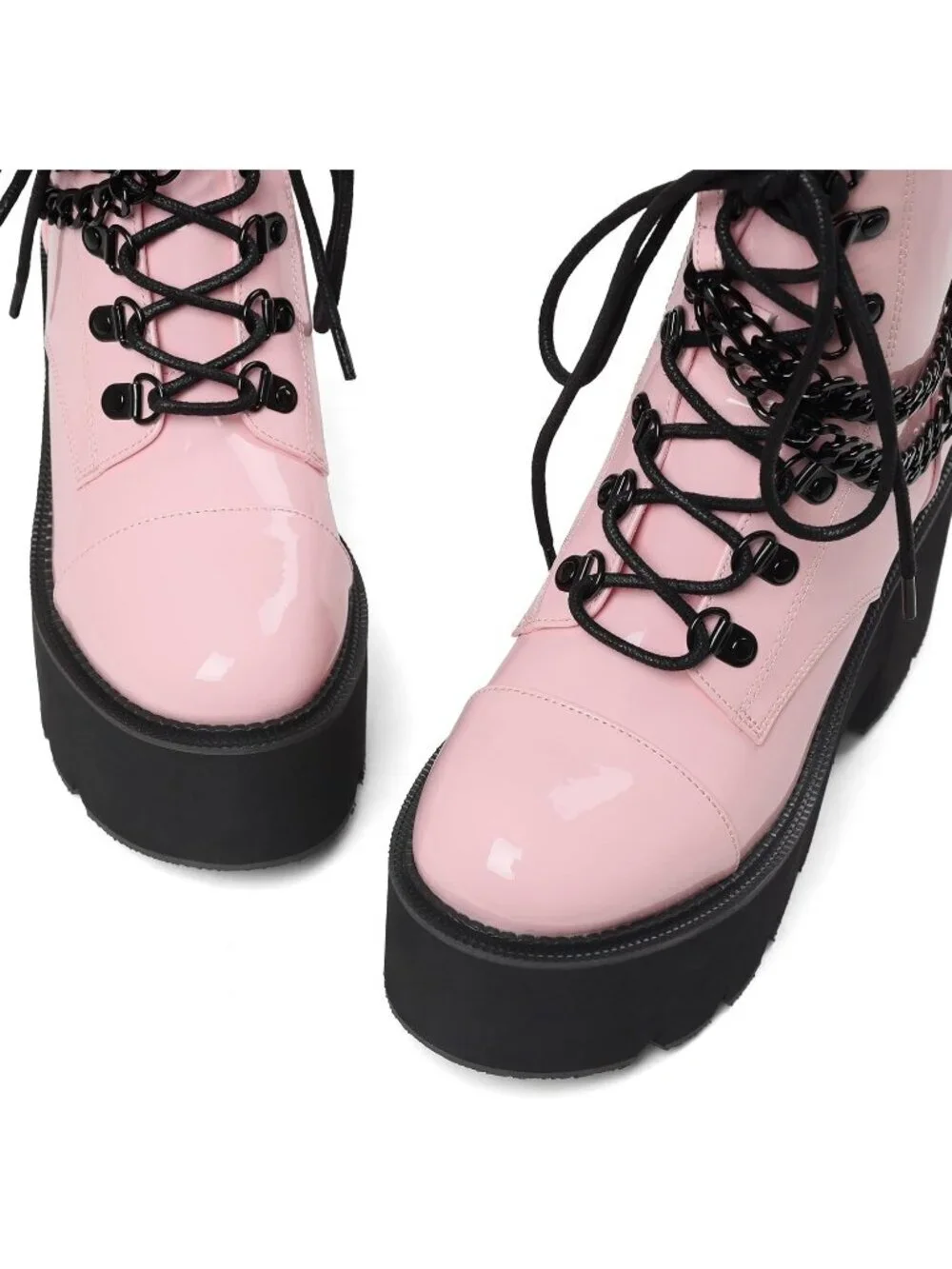 Women's Pink Rubber Platform Chunky Wedge Lace Up Chain Zipper Ankle Booties